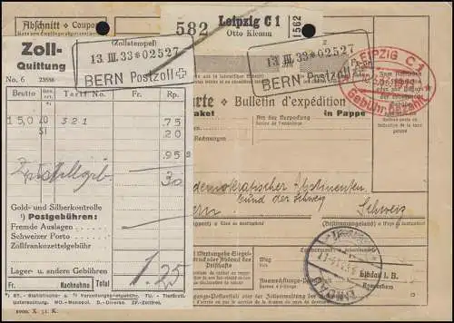 Roter Gebühr-bezahlt-Stempel auf Paketkarte LEIPZIG 10.3.33 nach BERN 14.3.33