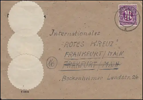 AM-Post 12 PFE sur lettre GÖTTINGEN 21.1.46 à la Croix-Rouge à Francfort/Main
