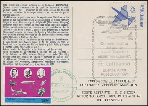 Ansichtskarte Lufthansa Buenos Aires 30.8.1971 + SSt. Ausstellung Paraguay 1971 