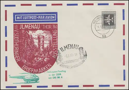 1. Helikopter-Postflug in der DDR DH Mi 4 ILMENAU 1960, Brief MEININGEN 4.6.60