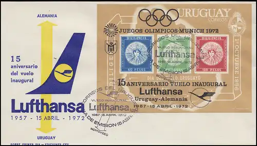 15. Jahrestag Lufthansa Deutschland - Uruguay, Brief Olympia-Block SSt 15.4.1972