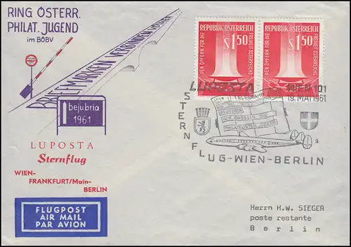 LUPOSTA-Sternflug Wien-Frankfurt-Berlin, MiF auf Lp.-Brief SSt WIEN 19.5.1961
