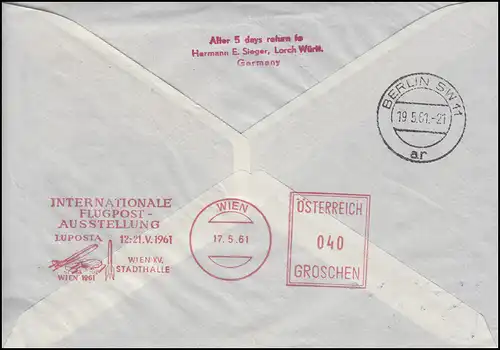 LUPOSTA-Sternflug Wien-Frankfurt-Berlin, MiF auf Lp.-Brief SSt WIEN 19.5.1961