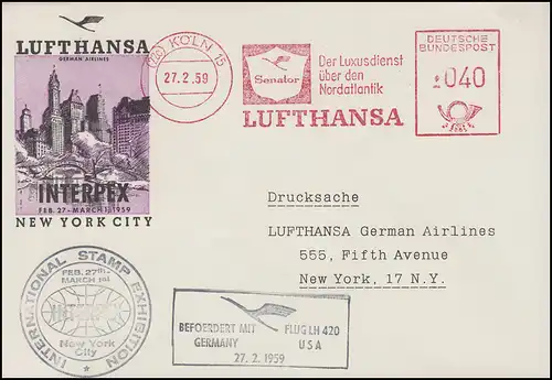 Luftpost LUFTHANSA-AFS Köln 27.2.59 Lufthansa LH 420 nach New York zur INTERPEX