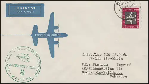 Luftpost INTERFLUG IF 704 Berlin-Kobenhagen 28.2.60, Drucksache BERLIN 24.2.60