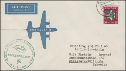 Luftpost INTERFLUG IF 704 Berlin-Kobenhagen 28.2.60, Drucksache BERLIN 24.2.60