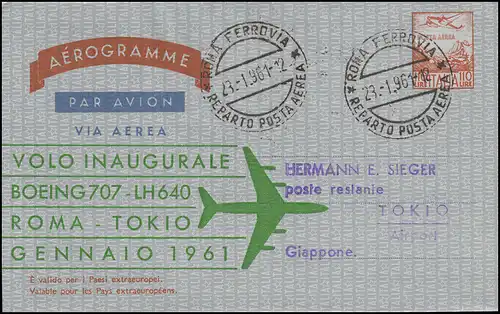 Premier vol Lufthansa LH 640 Boeing 707 ROM-TOKYO sur aérogramme LF 4A ROMA 23.1.61