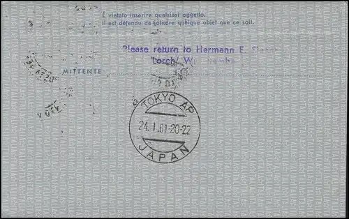 Premier vol Lufthansa LH 640 Boeing 707 ROM-TOKYO sur aérogramme LF 4A ROMA 23.1.61