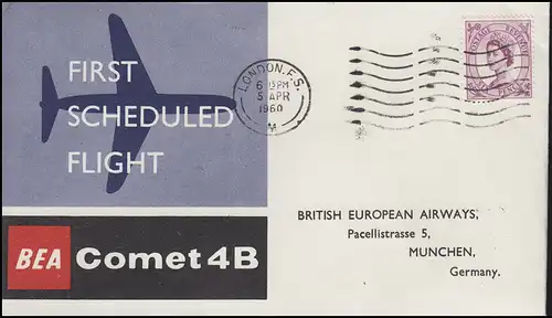 Premier vol BEA Comet 4B Londres - Munich, lettre EF LONDON 5.4.60