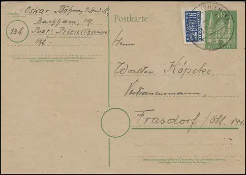 Postkarte P 2I Holstentor 10 Pf mit Notopfer geschnitten PRIEN / CHIEMSEE 5.1.49