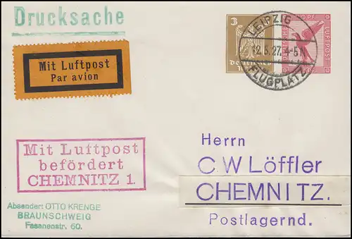 GA Mit Luftpost befördert CHEMNITZ auf Drucksache LEIPZIG-FLUGPL. 12.5.27
