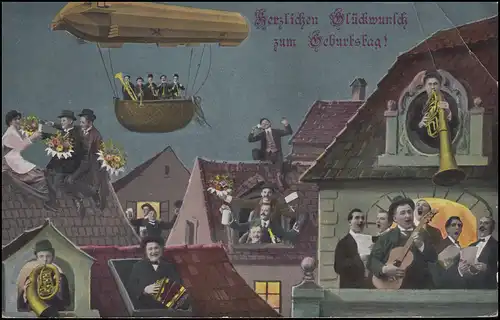 Ansichtskarte Geburtstagskarte mit Fesselballon und Musikanten, GÖRLITZ 19.1.14