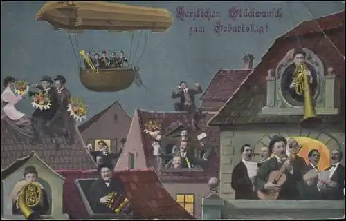 Ansichtskarte Geburtstagskarte mit Fesselballon und Musikanten, GÖRLITZ 19.1.14