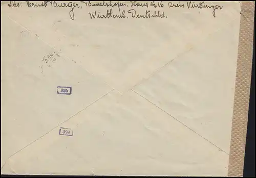 Poste de censure 793 Hitler 25 pf. EF sur lettre KIRCHHEIM-ÖTLINGEN 20.2.43 vers Zurich