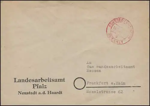 Temple payant sur lettre NOUVEAUTADT (WEINSTR.) 14.2.47 vers Francfort/Main
