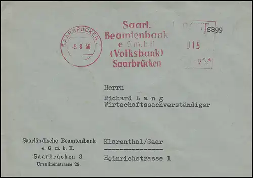 Tampon d'expéditeur Banque des fonctionnaires Banque populaire de SAARBRÜN 5.6.56 après Klarenthal