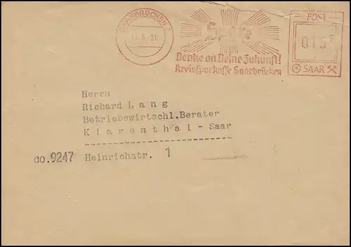Tampon d'expéditeur Épargne Pensez à votre avenir SARBRÜN 15.6.51 sur lettre