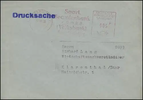 Tampon d'expéditeur Banque de fonctionnaires DE L'ASAR 25.10.58 Monnaie en francs