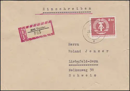 1900 Staatswappen 2 Mark EF R-Brief Tauschsendung DRESDEN 29.5.75 in die Schweiz