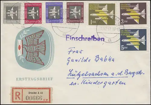 609-615 Flugpostmarken 1957 - Satz auf Schmuck-R-FDC DRESDEN 13.12.57 