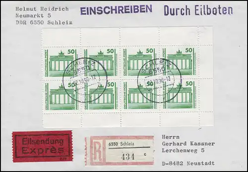 3346 Bauwerke 8x 50 Pf als Heftchenblatt-Teil MeF auf Eil-R-FDC SCHLEIZ 2.10.90