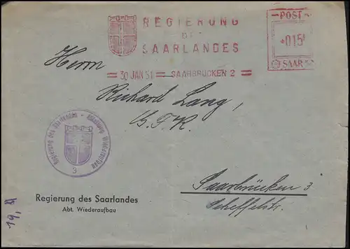 Absenderfreistempel Regierung des Saarlandes, Orts-Brief SAARBRÜCKEN 30.1.51