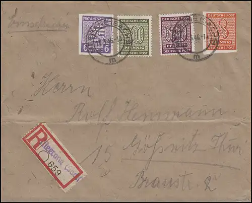 SBZ-MiF Ziffern und Wappen R-Bf Not-R-Zettel MEERANE 13.3.46 nach GÖSSNITZ 14.3.