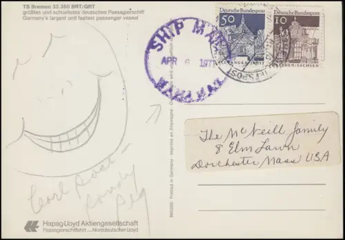 Poste allemand TS BREMEN sur AK Bremen, cachet violet SHIP MAIL 6.4.71