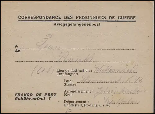 Kriegsgefangenenpost von Frankreich nach Wattenscheid / Deutschland um 1945