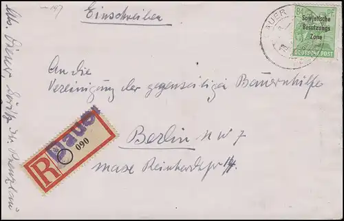 197 SBZ-Schiffrebst 84 Pf EF sur lettre R Not-R-Zeltel DUER sur PRENZLAU 18.1.49