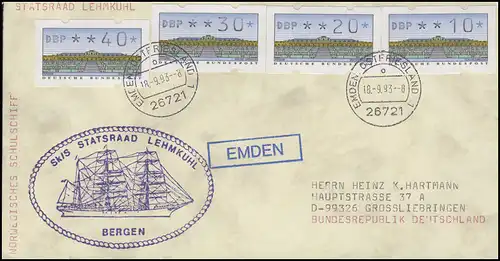 Poste de bateau bateau scolaire STATSRAAD LEHMKUHL BERGEN Bf. ATM-MIF EMDEN 18.9.93
