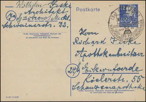 Postkarte P 36a/01 Engels 10 Pf. mit DV M 301 / 8088, SSt GÜSTROW 3.1.49