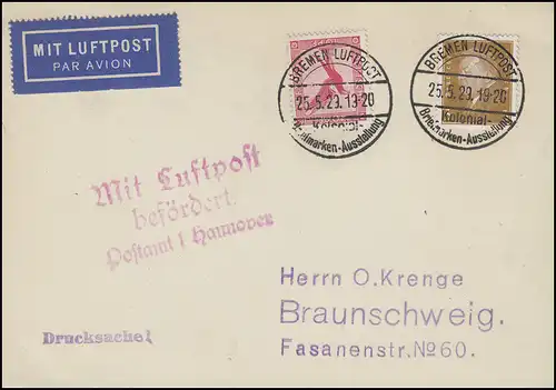 Mit Luftpost befördert Postamt 1 Hannover auf Drucksache mit SSt BREMEN 25.5.29