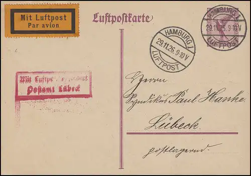 Mit Luftpost befördert Postamt Lübeck auf P 168 HAMBURG 1 - LUFTPOST 29.11.26
