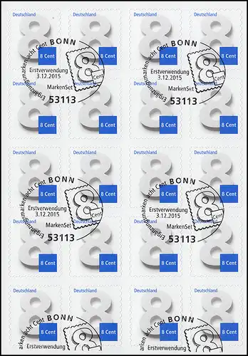 FB 51 Ergänzungswert 8 Cent, Folienblatt mit 10x 3196, EV-O Bonn 3.12.15