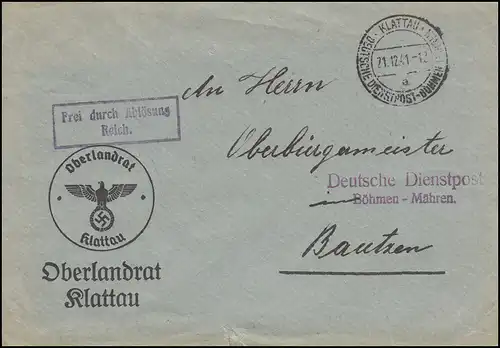 Deutsche Dienstpost Böhmen - Mähren Oberlandrat KLATTAU 21.12.41 nach Bautzen