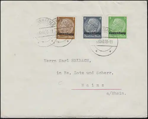 Luxemburg 1+2+3 Hindenburg mit Aufdruck Brief GREVENMACHER 9.10.40 nach Mainz