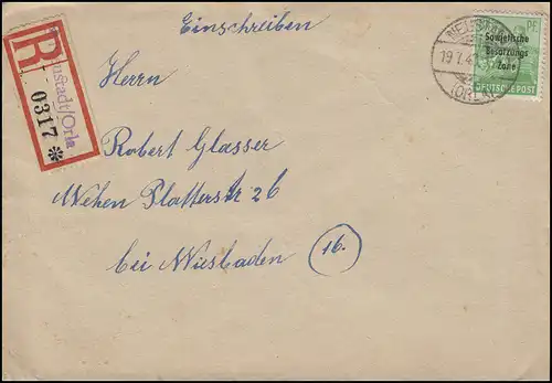 197 SBZ-Aufdruck 84 Pf EF R-Brief Not-R-Zettel NEUSTADT/ ORLA 19.7.48 nach Wehen