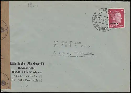 Zensurpost Deutsche Dienstpost Ostland 6 EF Brief RIGA 15.6.42 nach Auma/Thür.