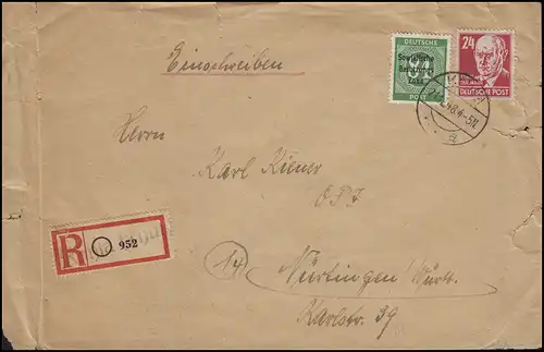 211 SBZ-Schreif 84 Pf + 220 Thälmann, Not-R-Zetztel KAHLA 21.12.48 n. Nürtingen