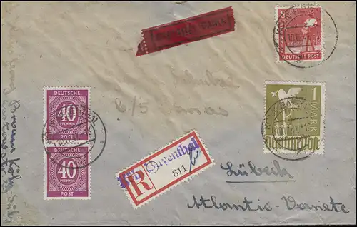 959 Taube mit 945+929 Not-R-Zettel Köln-Bayenthal 10.12.47 nach Lübeck 11.12.47