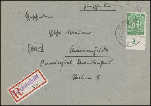 936 Ziffer 84 Pf Unterrand Not-R-Zettel Bergneustadt 3.4.47 n. Marienheide 9.4.