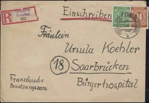 925+936 Ziffer 24+84 Not-R-Zettel Hohenstein-Ernstthal 27.11.46 nach Saarbrücken