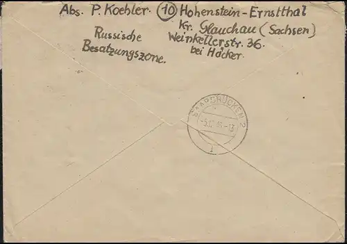 925+936 Ziffer 24+84 Not-R-Zettel Hohenstein-Ernstthal 27.11.46 nach Saarbrücken