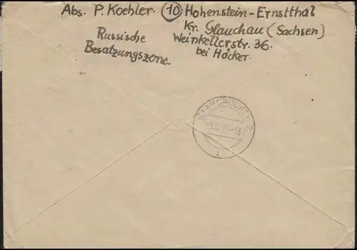 925+936 Ziffer 24+84 Not-R-Zettel Hohenstein-Ernstthal 27.11.46 nach Saarbrücken