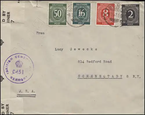Zensur British Censorship 0451 MiF 4 Werte Ziffern BONN 6.3.47 in die USA