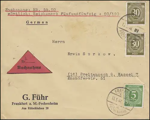 915+928 chiffre 5 + 2x 30 Pf NN-Bf. FRANKFURT-FECHENHEIM 13.5.46 vers Breitenbach