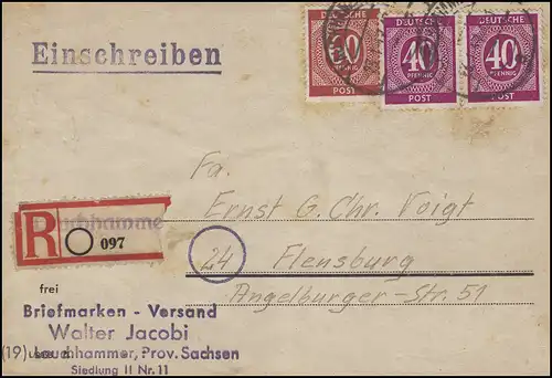 929+933 Ziffer 60 + 2x40 auf Briefvorderseite Not-R-Zettel Lauchhammer 23.1.47