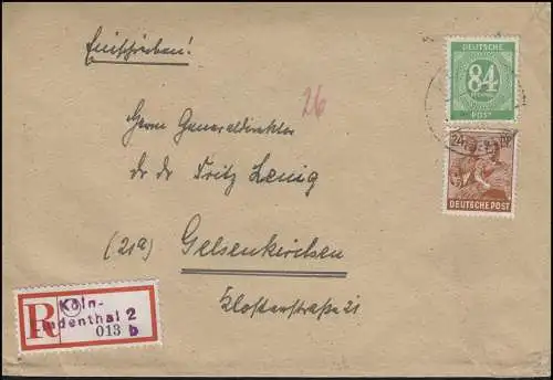 936 Ziffer 84 Pf. + 951 Not-R-Zettel Köln-Lindenthal 11.2.48 nach Gelsenkirchen