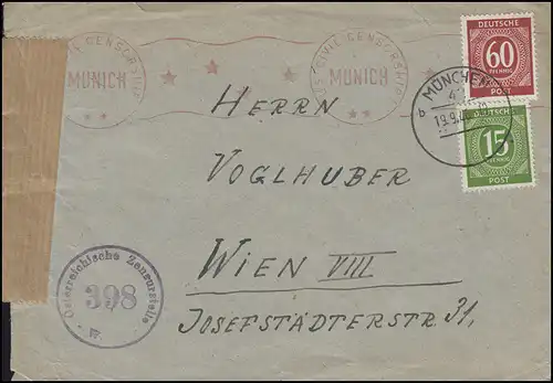 Cennorship US CIVIL CENSORSHIP MUNCH sur lettre MiF apôt MUNICH 19.9.46 à Vienne